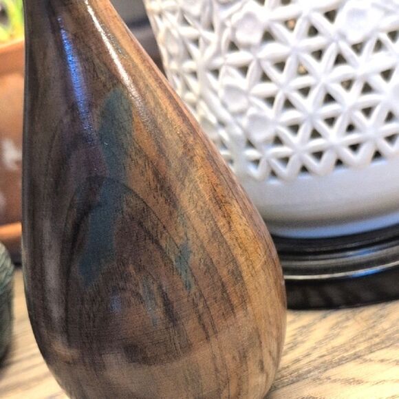 Hand Crafted Elegant Brown Wooden Vase With Green Accents - Picture 7 of 9